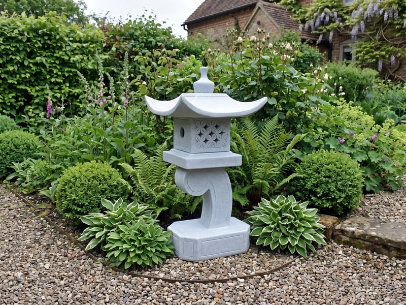 Granite-effect stone pagoda lantern with curved roof tiers and window grills beside a gravel path turn in a UK cottage garden with ferns and clipped box