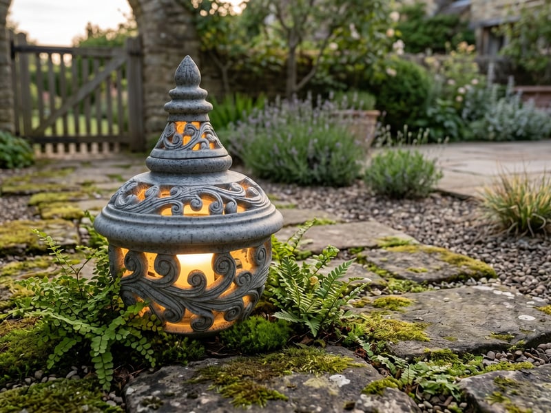Grey stone-effect Japanese path lantern with scrollwork cutouts glowing low beside stepping stones in a UK suburban patio garden with moss and ferns at dusk