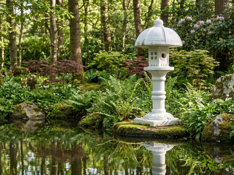 Tall white marble Japanese lantern beside a still reflecting pond in a UK woodland-edge garden with ferns and dappled light