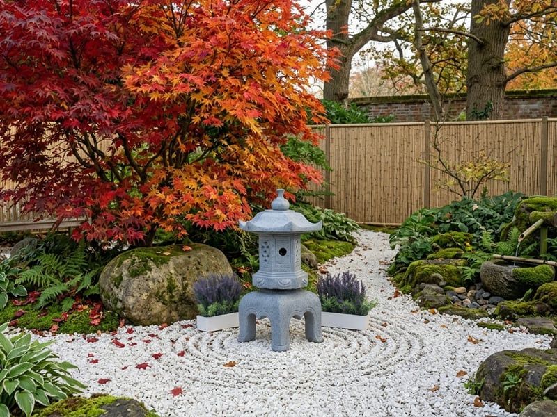 Grey stone pagoda garden ornament in a UK garden with gravel path and Japanese maple tree
