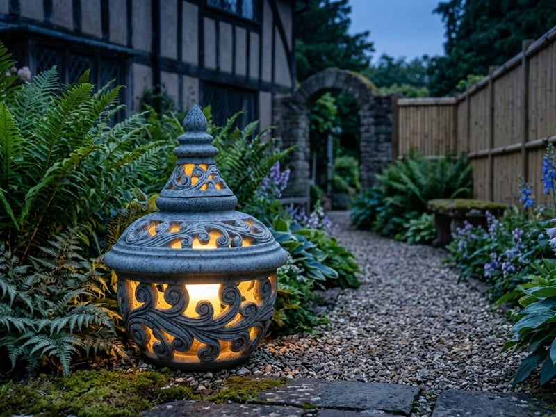 Grey stone garden lantern ornament lit at dusk in a UK garden with gravel and ferns