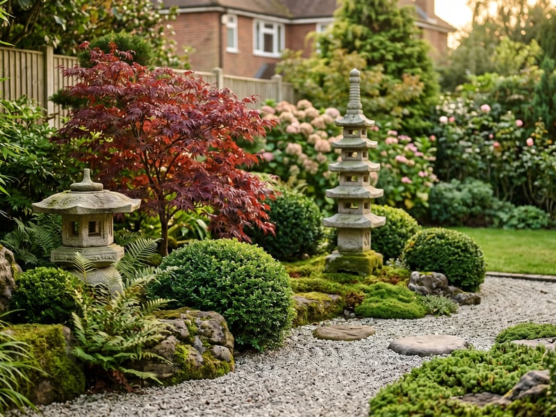 Japanese garden corner in a UK suburban garden with a stone pagoda lantern and a tiered stone pagoda among raked gravel, clipped shrubs and a red acer at golden hour