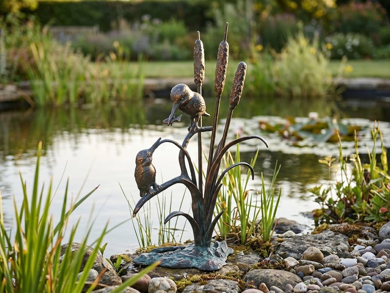 Pair of bronzed kingfisher garden ornaments on metal bulrush stems at the planted margin of a garden pond