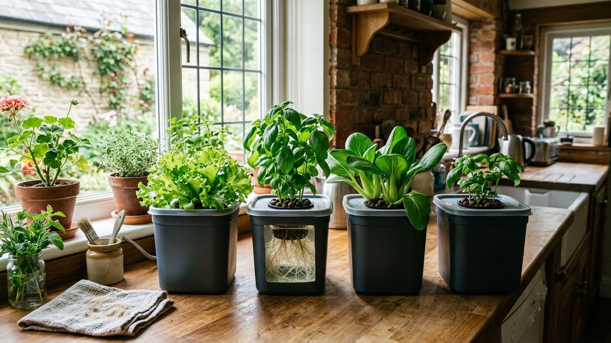 Simple Kratky hydroponic containers growing lettuce, basil and pak choi at home