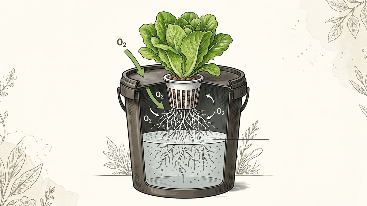 Cutaway showing the Kratky root air gap above nutrient solution