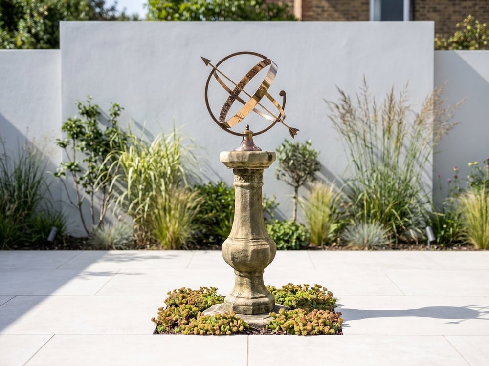 Large brass armillary sphere on a weathered stone baluster pedestal in a contemporary courtyard garden with porcelain paving and ornamental grasses