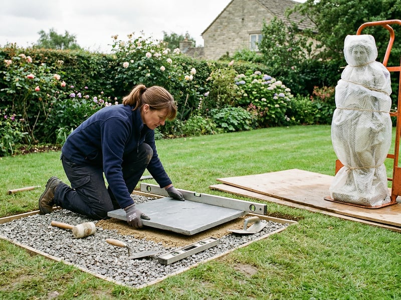 Preparing a paving slab base for a large garden ornament with a sack truck on plywood sheets