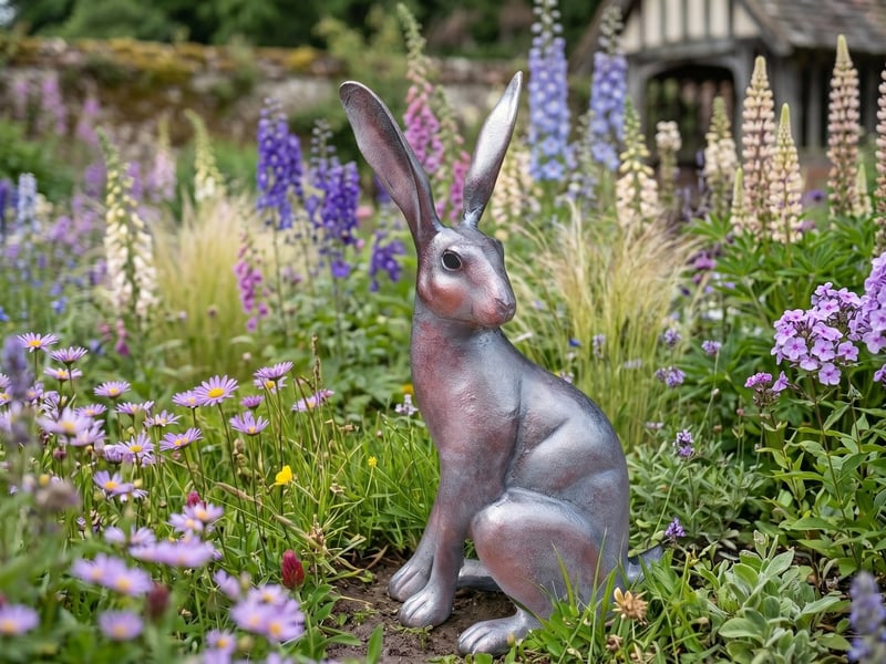 Large aged-bronze sitting hare garden ornament with long ears in a deep herbaceous country garden border