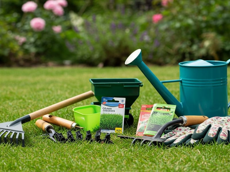 Essential lawn seeding tools including rake spreader and watering can