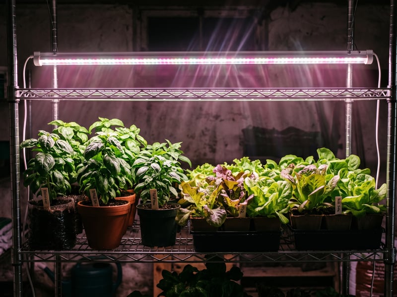 LED grow light bar lit over green herb and salad plants on an indoor growing shelf in a UK home
