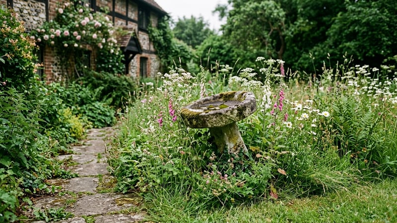 Lemonading garden with moss-covered stone birdbath in an overgrown cottage border with wildflowers