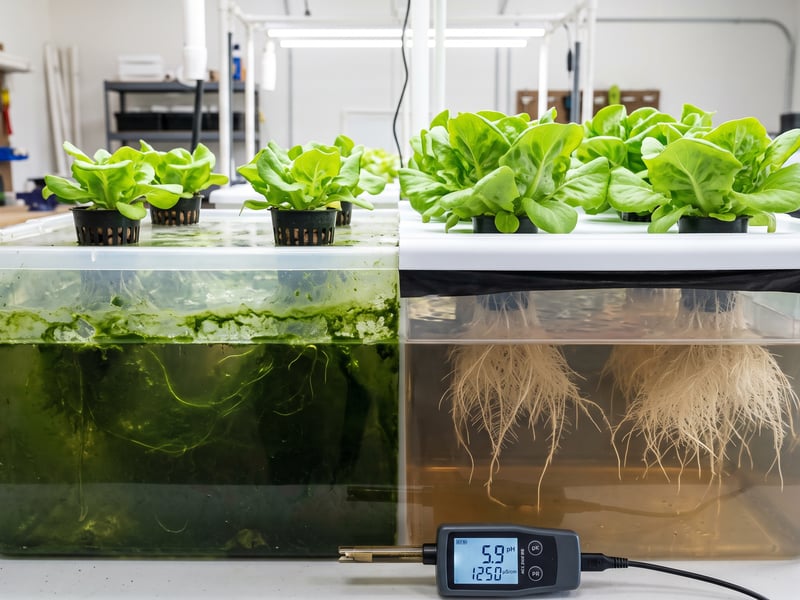 Comparison between a light-exposed algae-filled hydroponic reservoir and a clean covered root zone