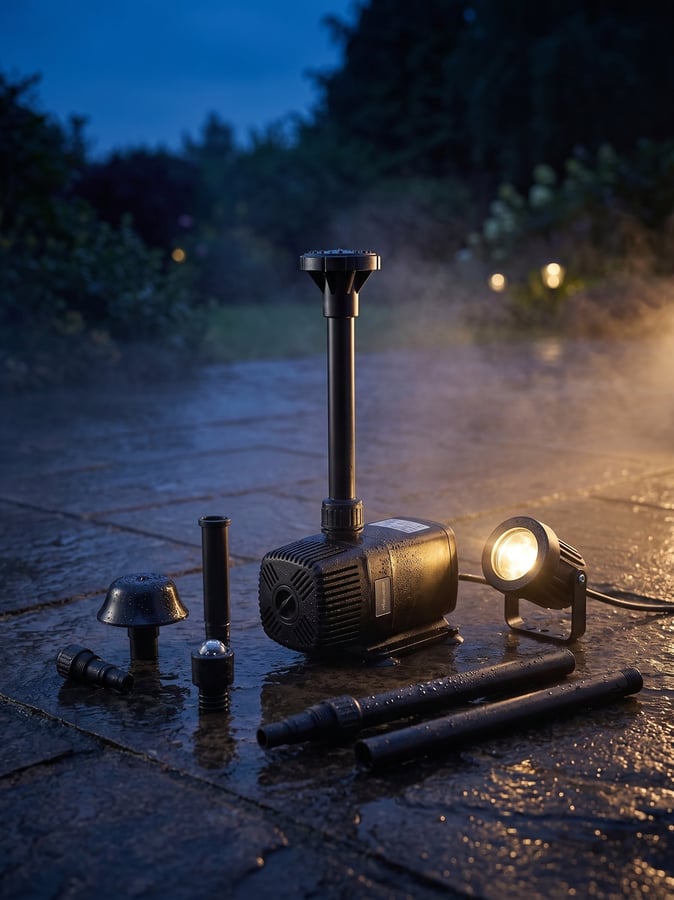 1000 LPH garden water feature pump with built-in spotlight spraying a lit fountain in a dark garden bowl at dusk