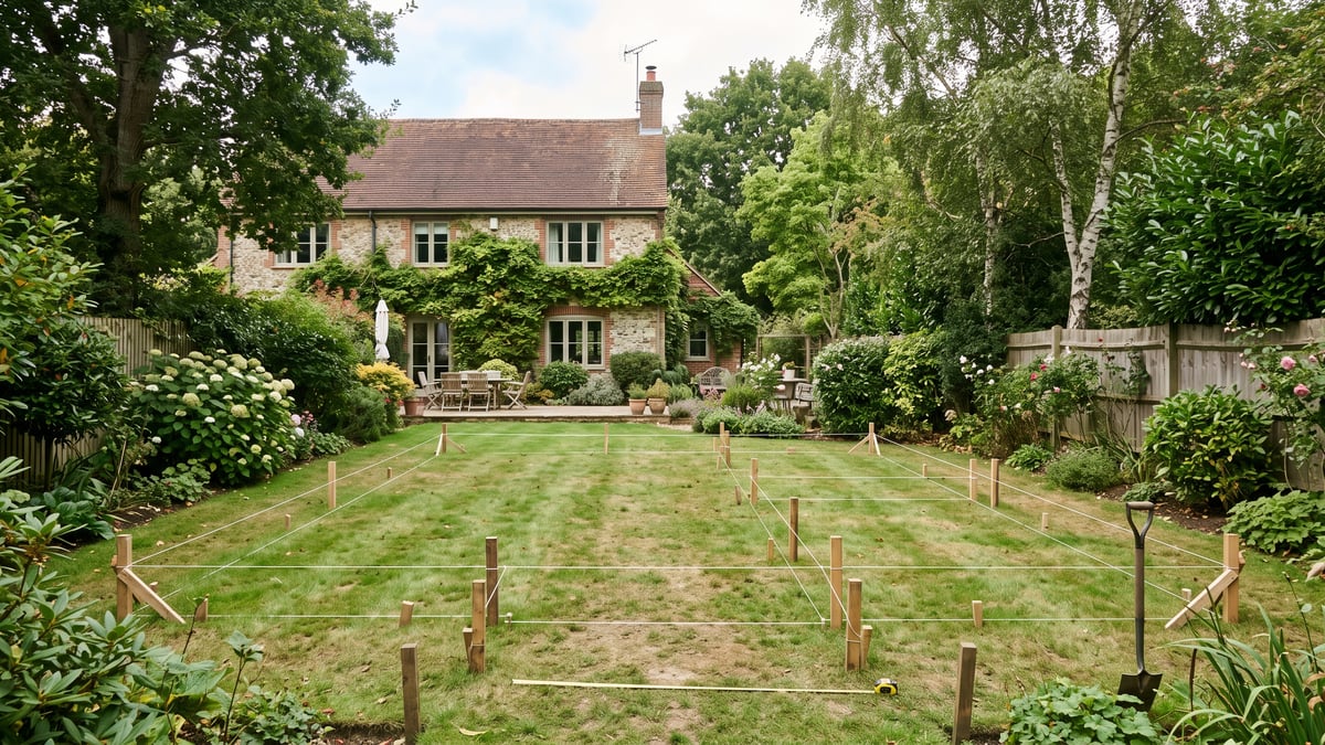 Large timber log cabin footprint marked with string and stakes in a British garden