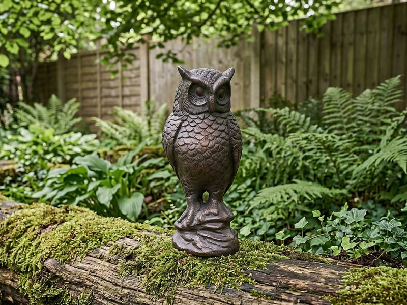 Long eared owl garden ornament in aged bronze on a mossy tree stump at a woodland-edge town garden