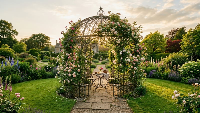 Ornate wrought iron metal garden gazebo covered in climbing roses in a large English garden