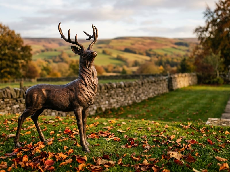 Large elegant stag metal garden ornament standing on a frost-covered lawn in a winter garden