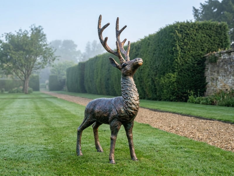 Small standing stag garden ornament in bronze finish on a garden lawn with autumn foliage
