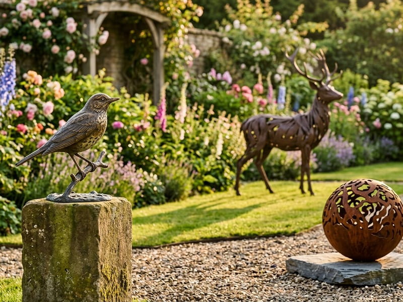Metal garden ornaments displayed in a lush UK garden border with mixed planting and gravel path