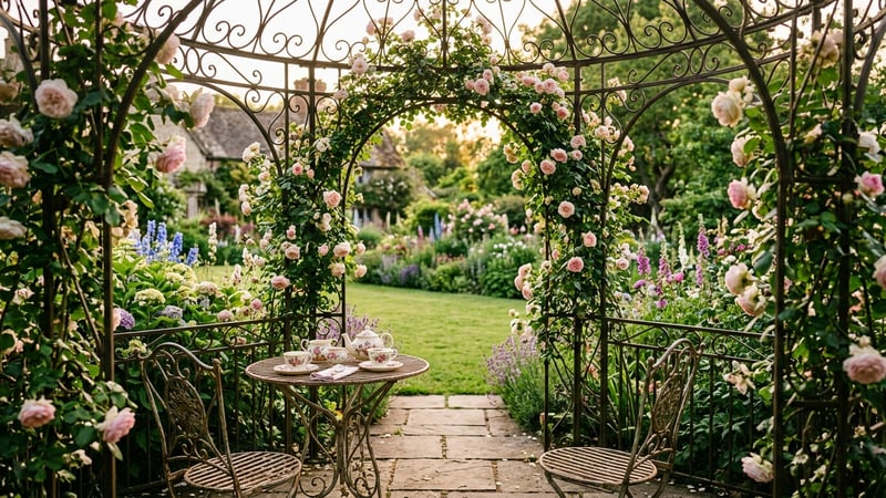 View from inside an ornate metal garden gazebo looking out through rose-covered arches to the garden