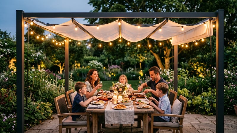 Modern metal garden gazebo with canopy used as an outdoor dining room with festoon lights at dusk
