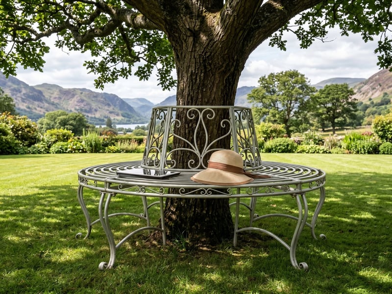 Hawkeshead cream metal tree bench encircling a mature oak trunk in a Lake District garden with fells behind