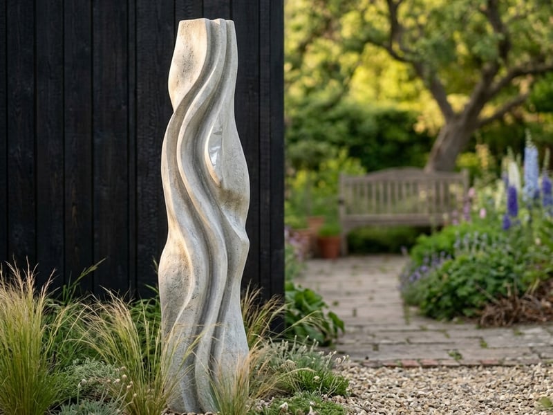 Florence abstract stone column sculpture in a contemporary garden setting