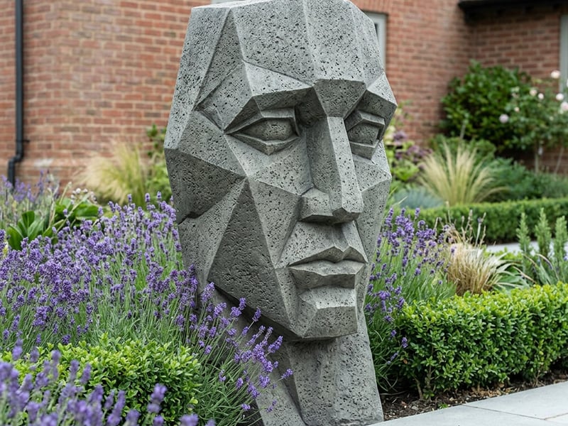 George geometric face sculpture in a modern garden border
