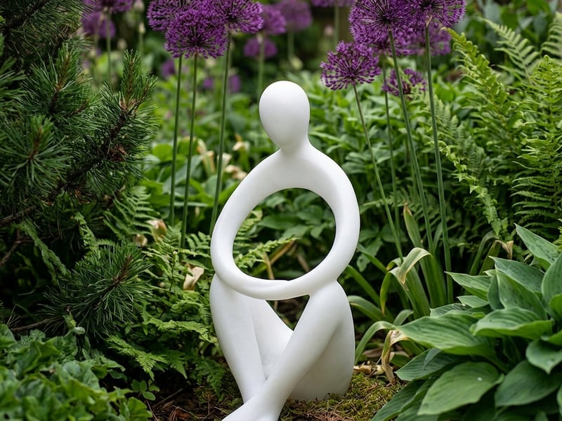 Happiness white minimalist garden statue in an outdoor setting