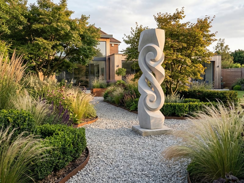 Modern abstract stone sculpture in a contemporary UK garden with architectural planting and gravel paths
