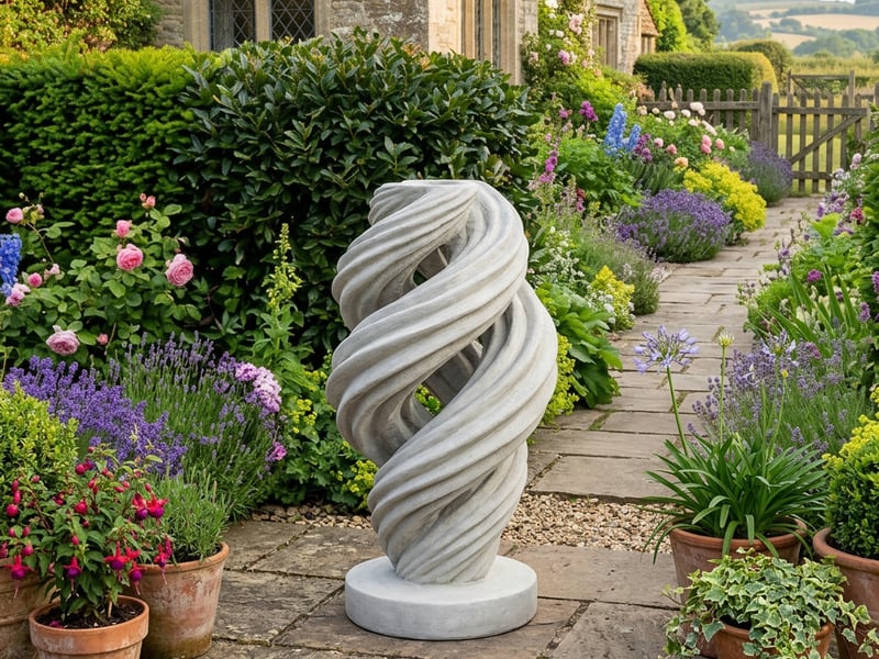 Vortex spiral stone sculpture in a contemporary UK garden