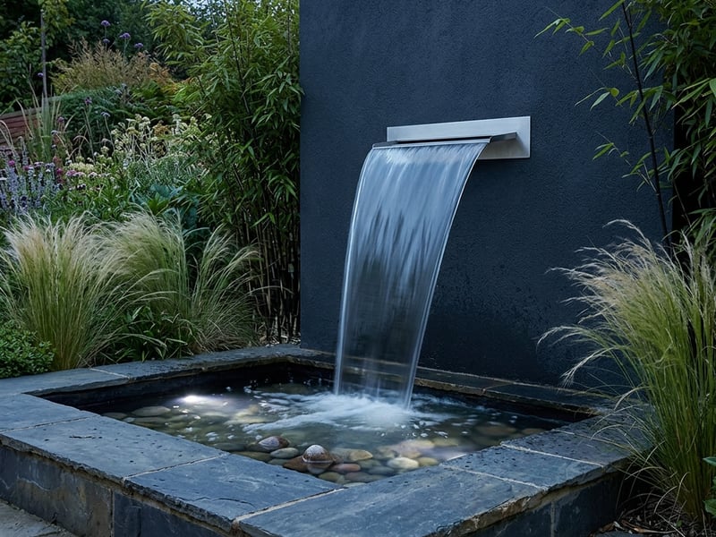 Stainless steel waterfall blade mounted on a garden wall with water flowing