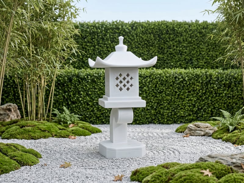 Tall white modern pagoda statue as a focal point in a minimalist UK gravel garden with bamboo and a clipped hedge backdrop