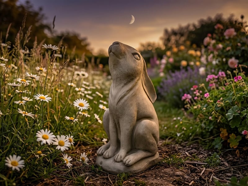 Moon gazing hare garden ornament in stone among a wildflower border at dusk, showing the moon gazing hare meaning of growth and good fortune
