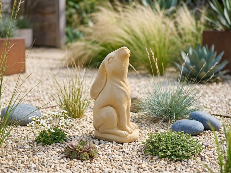 Sandstone moon gazing hare garden ornament on gravel among ornamental grasses in a sunny modern gravel garden
