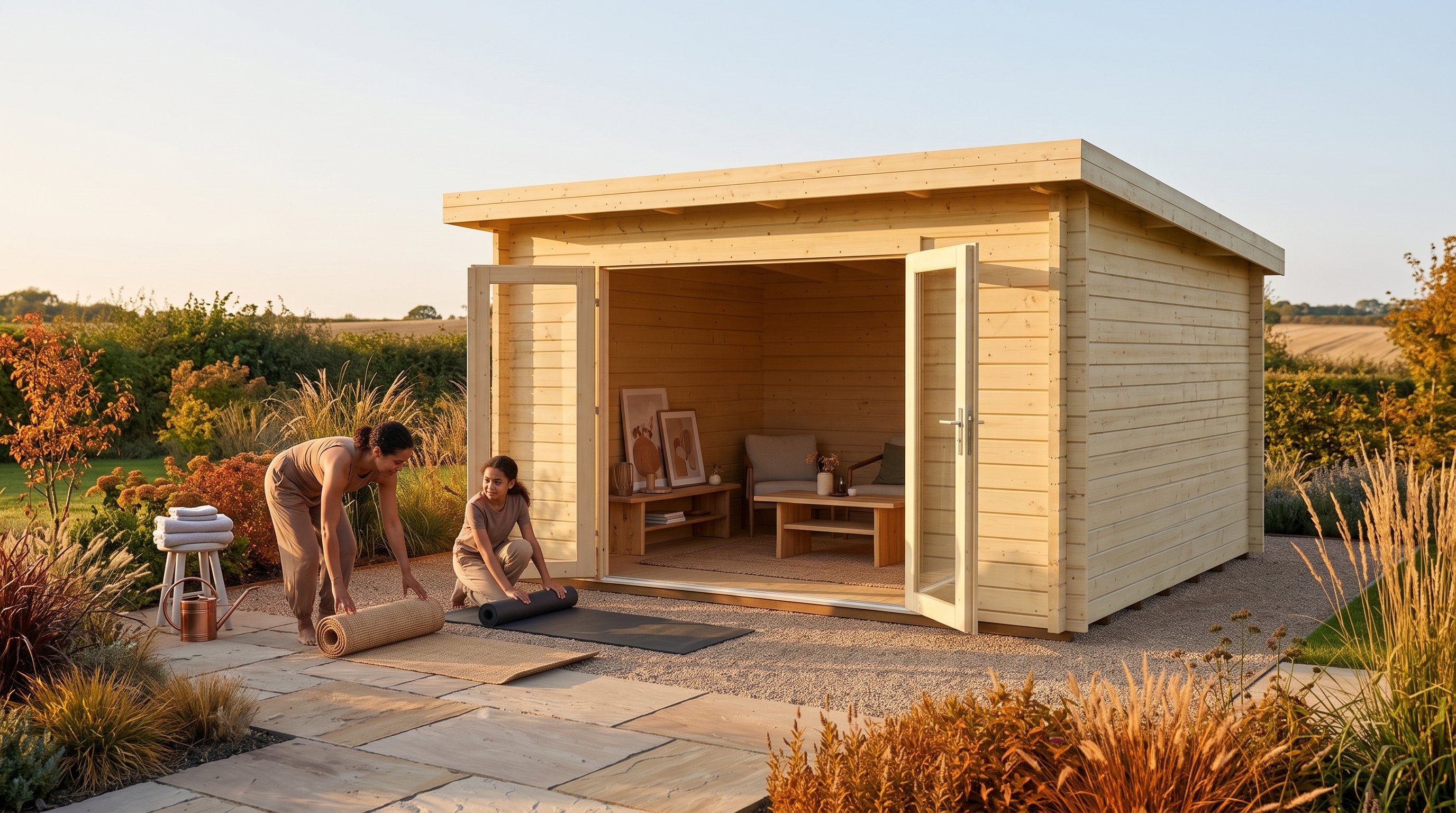 Palmako Lea 4.5m x 4m Pent Log Cabin used for relaxation and exercise
