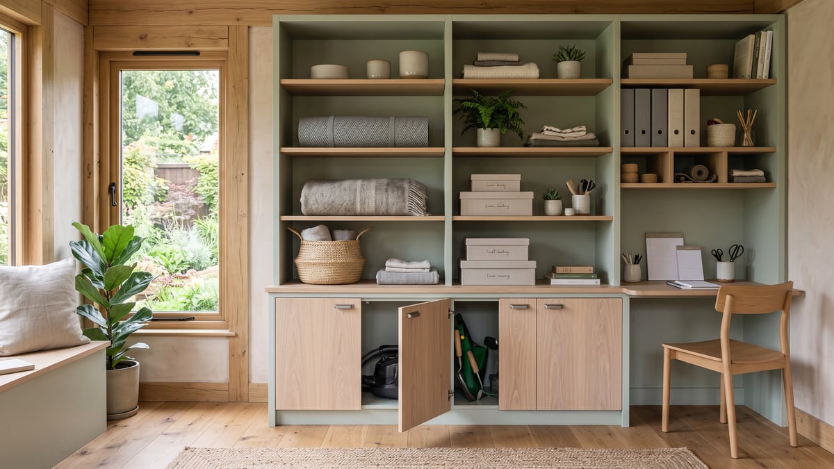 Organised full height storage wall inside a multi-use timber garden room