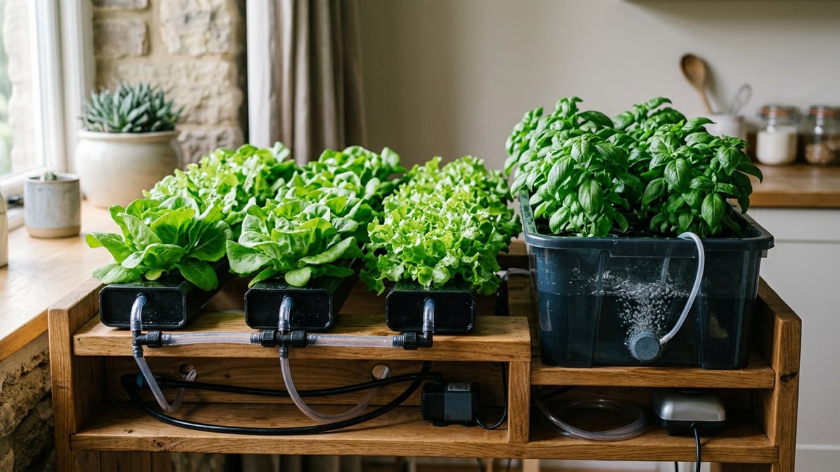 Indoor grower choosing between lettuce channels and a deep aerated herb container