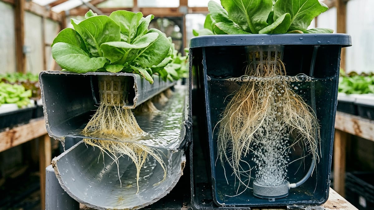 Cutaway view of a shallow NFT root film and an aerated deep water culture reservoir