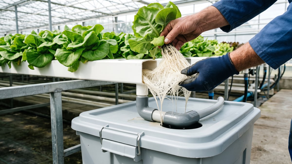 Grower checking clean lettuce roots and an NFT return outlet