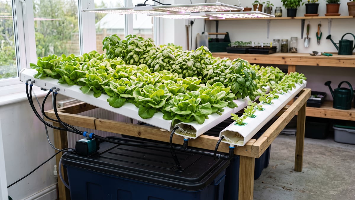 NFT hydroponic channels growing lettuce and basil indoors in the UK