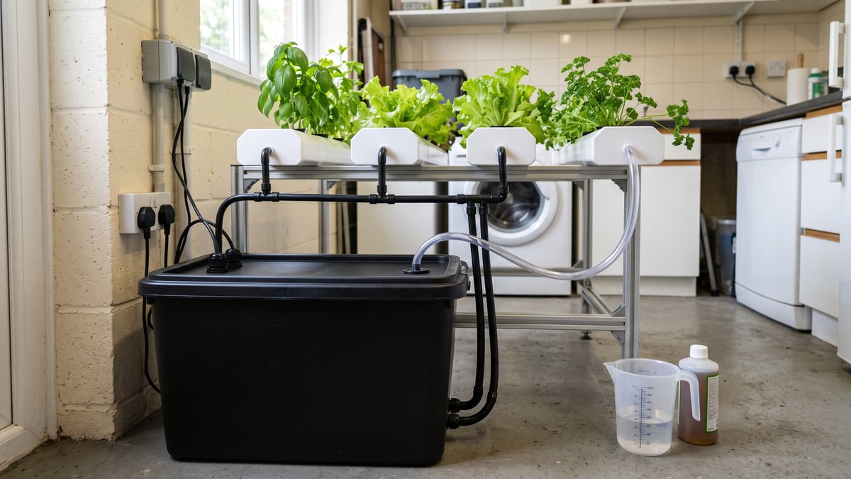 Covered NFT reservoir with a pump feeding several hydroponic channels