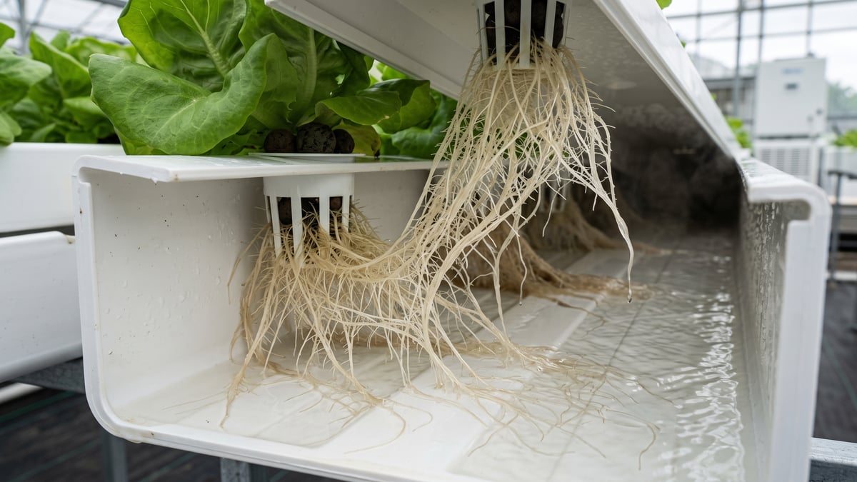 Healthy white roots touching a shallow nutrient film inside an NFT channel