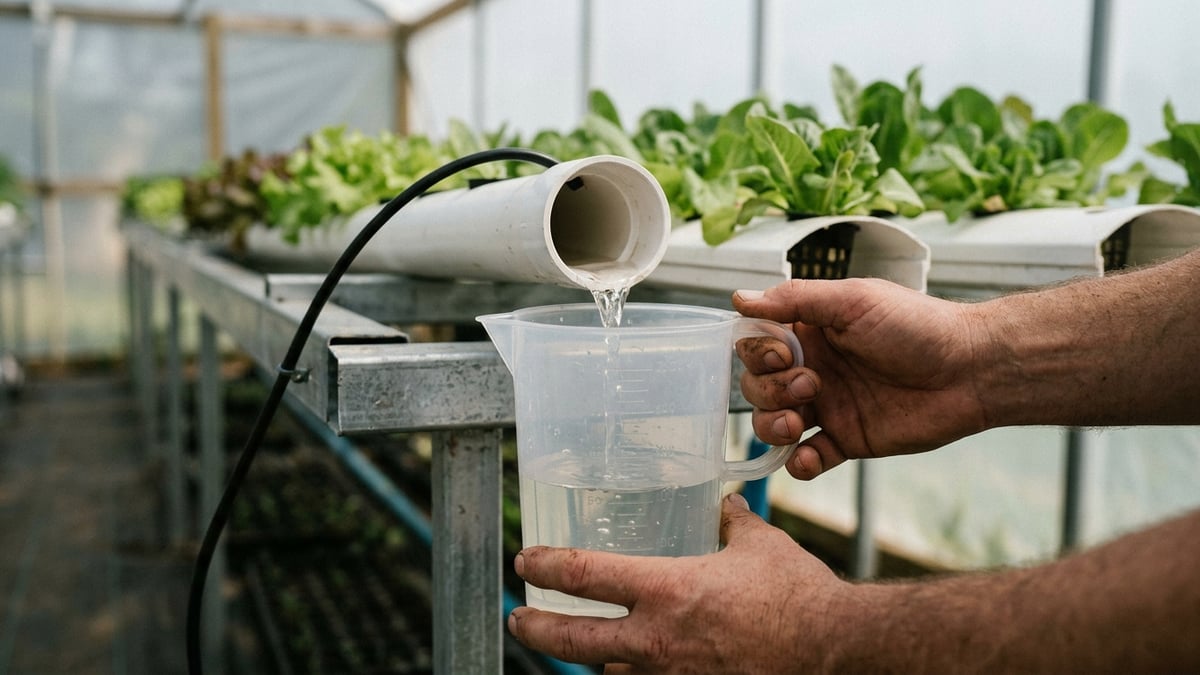 Measuring jug collecting water from an NFT inlet during a timed flow test