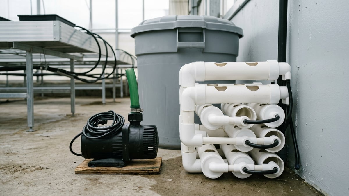 Spare hydroponic pump stored beside clean NFT pipework and a covered tank