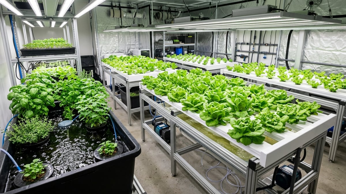 NFT lettuce channels beside a bubbling DWC tub in a clean indoor growing room