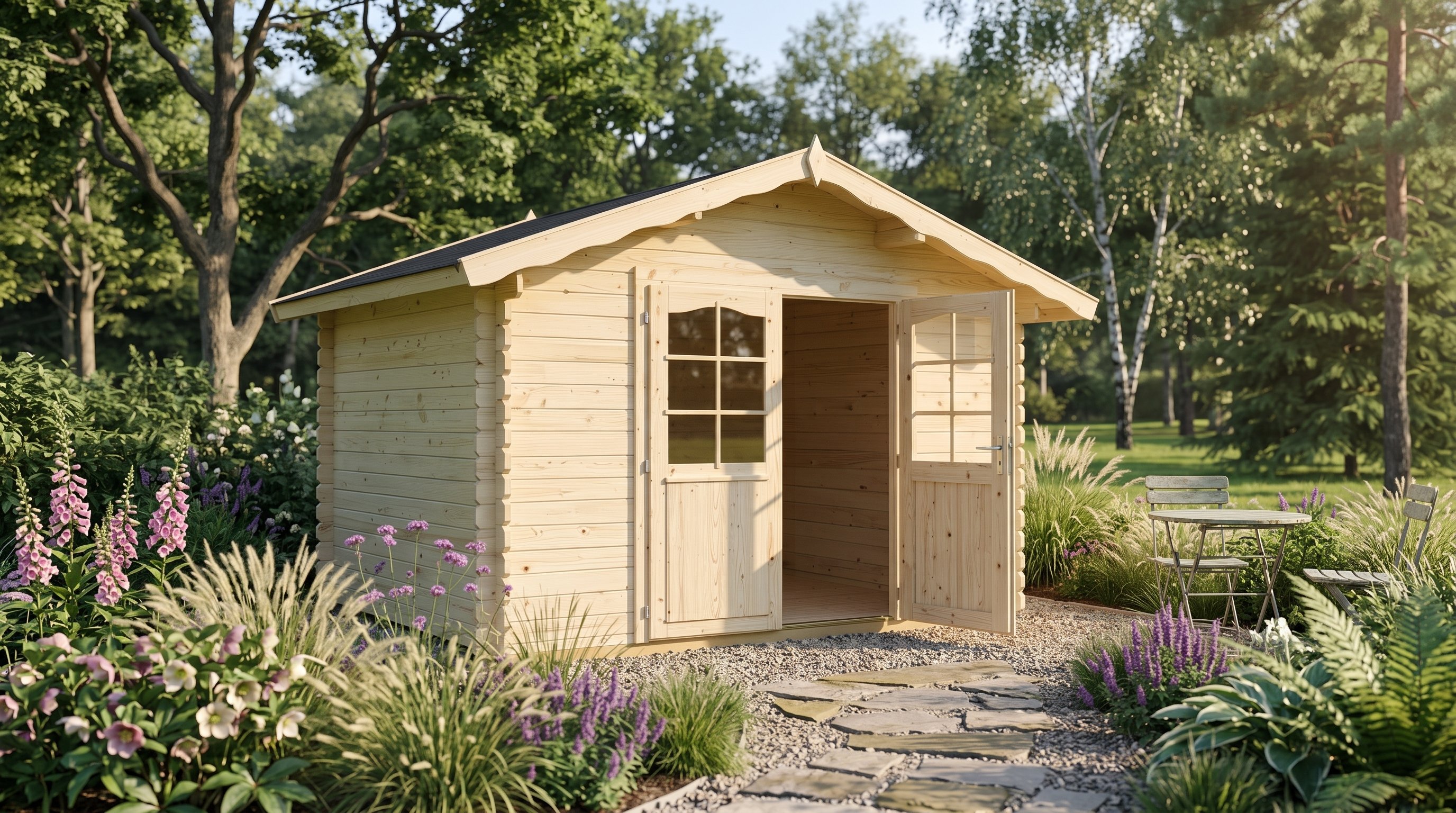 Palmako Vivian Log Cabin with visible roof overhang and side walls