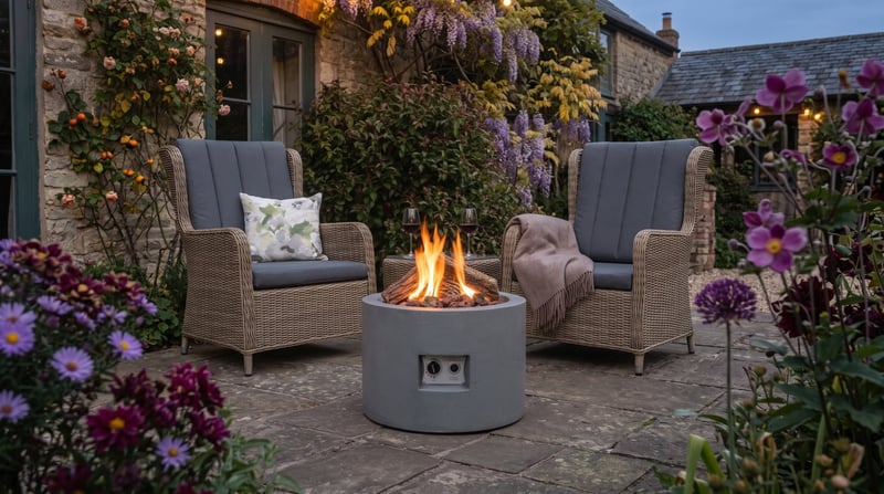 Happy Cocoon 61cm round grey gas fire pit between outdoor chairs in a British garden