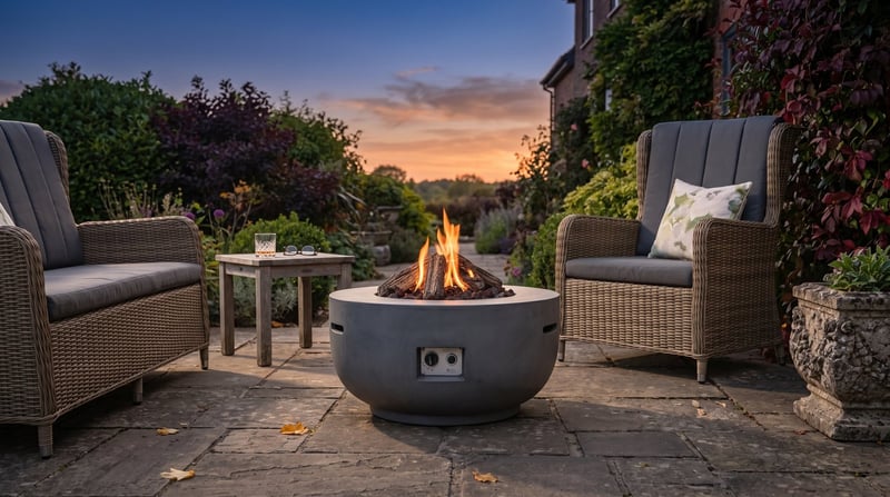 Happy Cocoon 91cm round bowl grey gas fire pit on a spacious garden patio at dusk