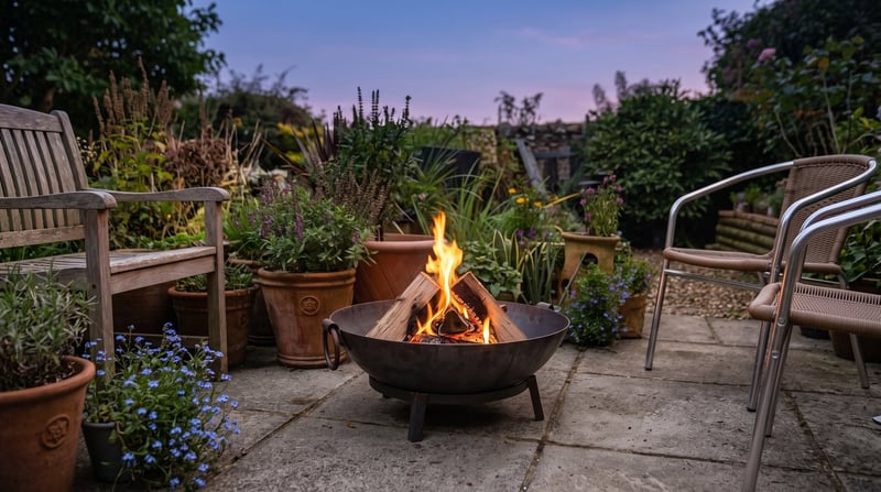 60cm Kadai fire pit bowl with a modest flame between garden chairs on a British patio